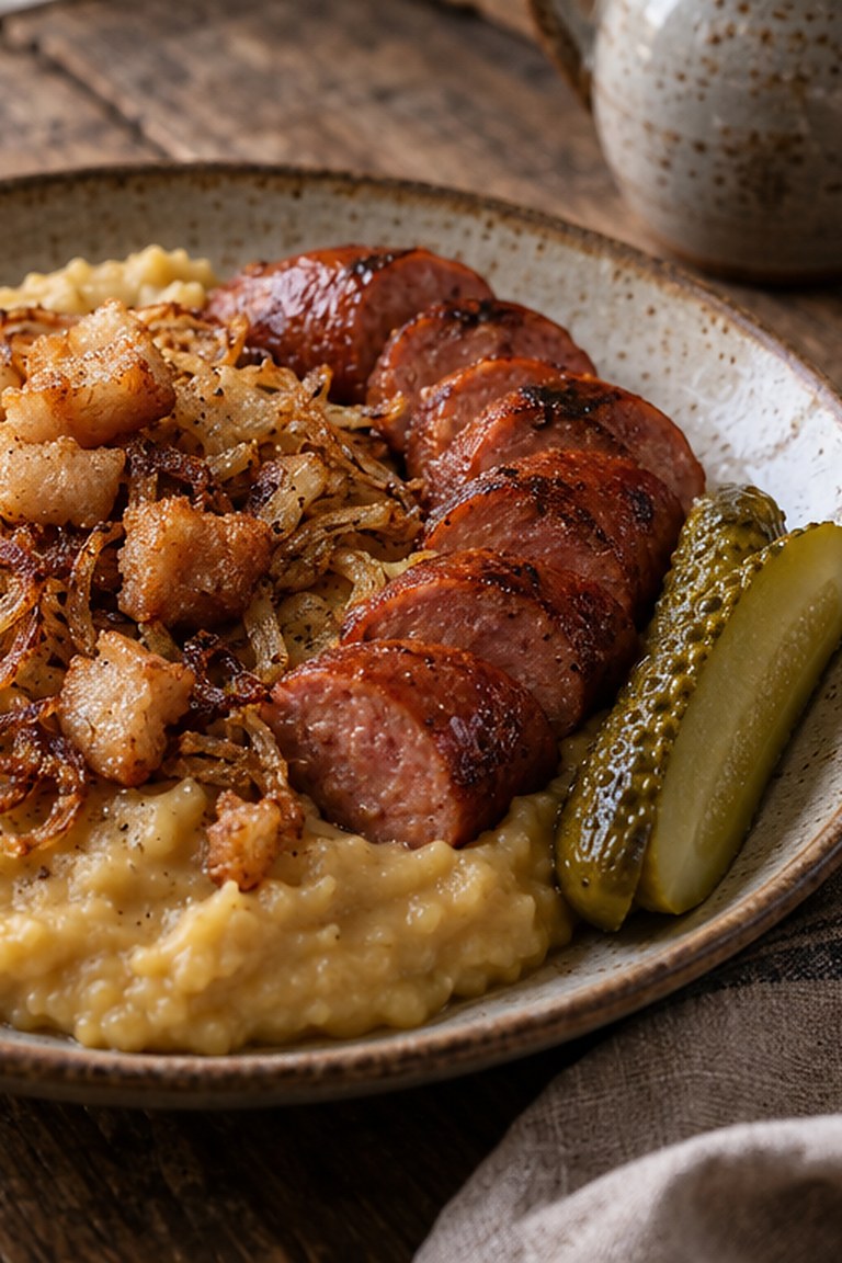 Hrachová kaše, czeskie purée z grochu ze smażoną cebulką i kiełbasą
