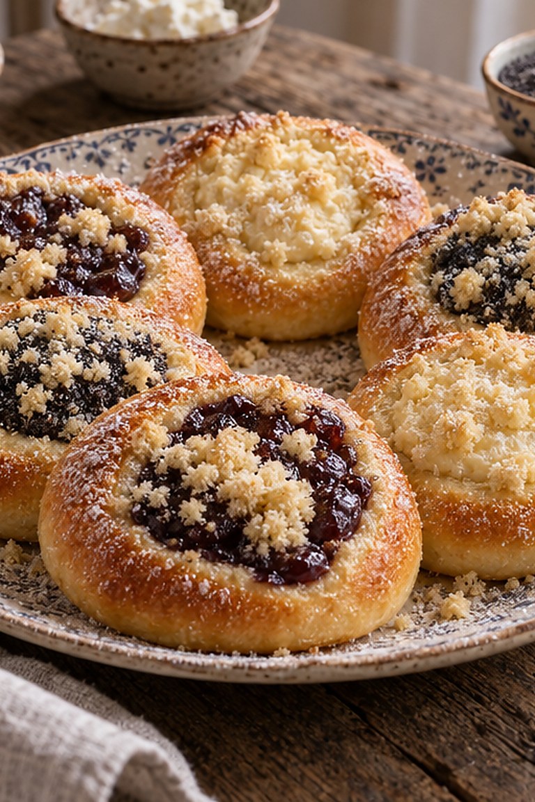 Koláčky, czeskie kołaczyki z powidłami, makiem i twarogiem