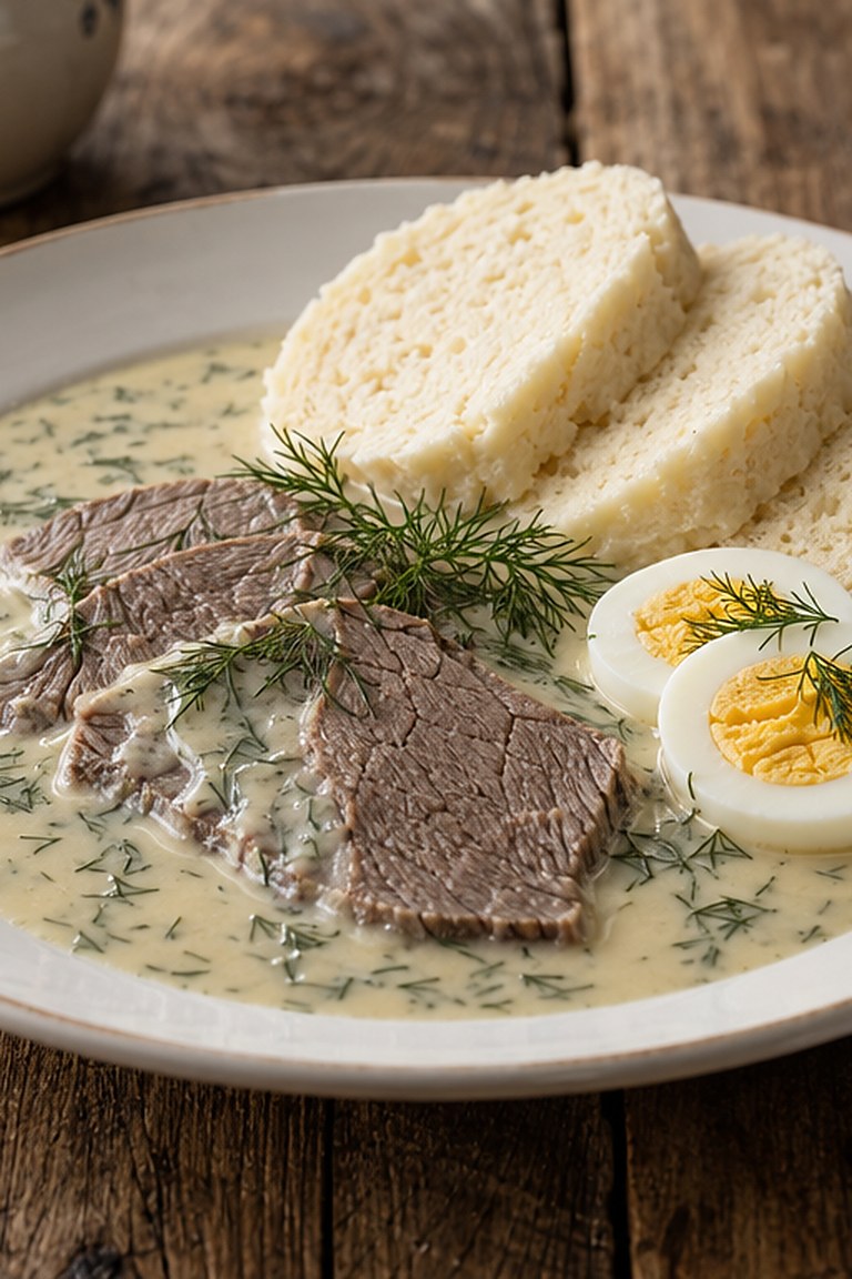 Koprová omáčka, czeska wołowina w sosie koperkowym z jajkiem i knedlikiem