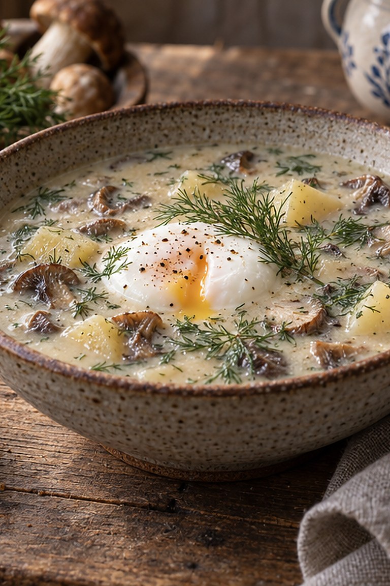 Kulajda, czeska zupa grzybowa z koperkiem i jajkiem w koszulce