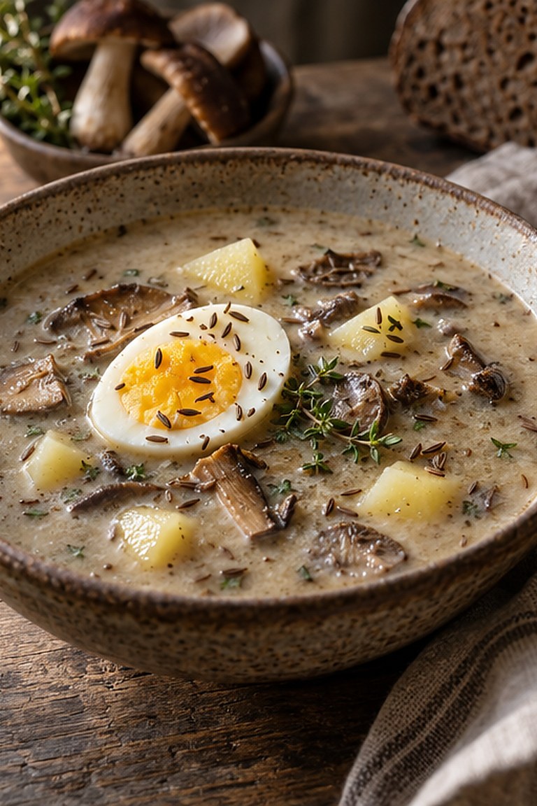 Krkonošské kyselo, karkonoska zupa na zakwasie z grzybami i jajkiem
