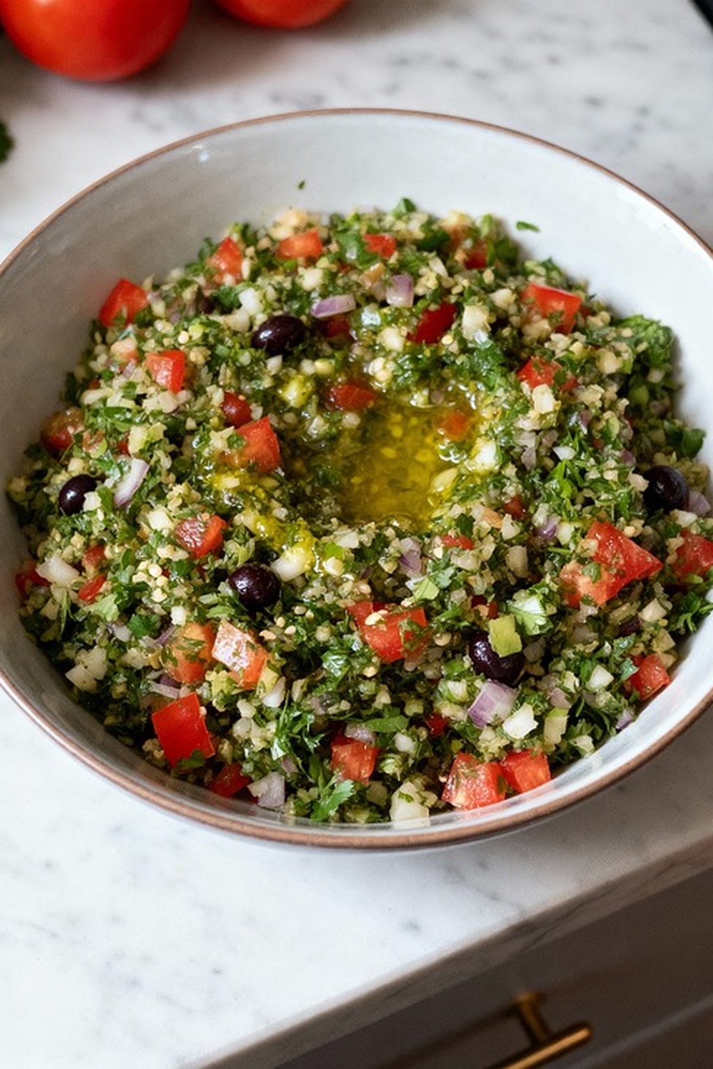 Cytrynowa sałatka tabbouleh z oliwkami