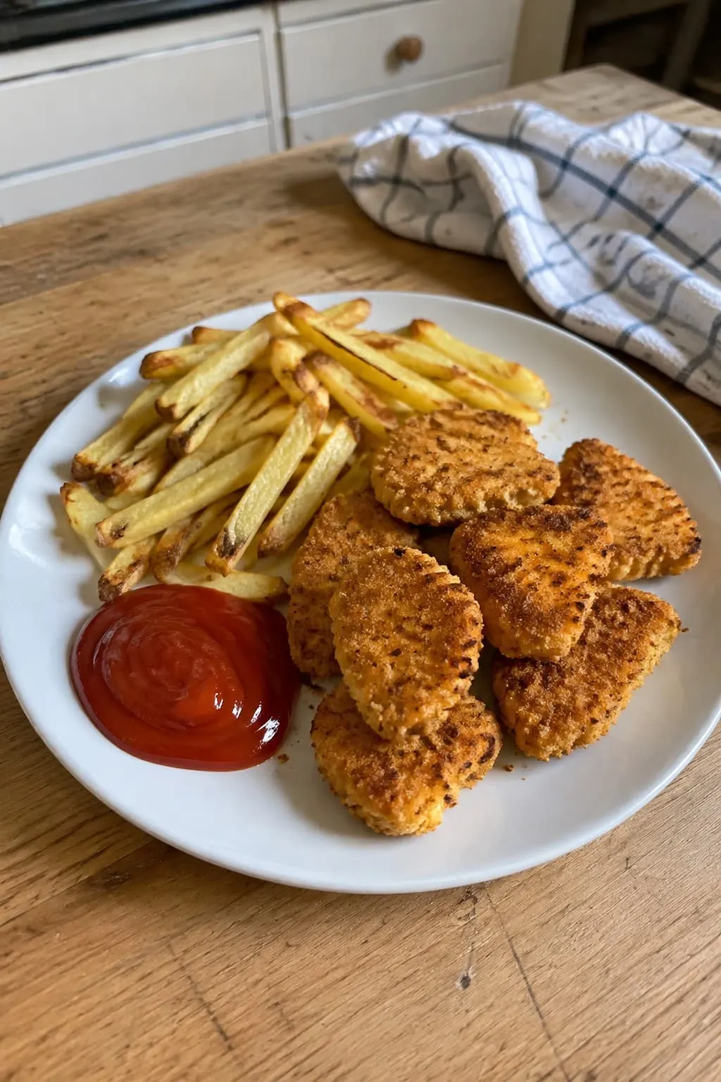 Domowe nuggetsy z kurczaka z frytkami i ketchupem
