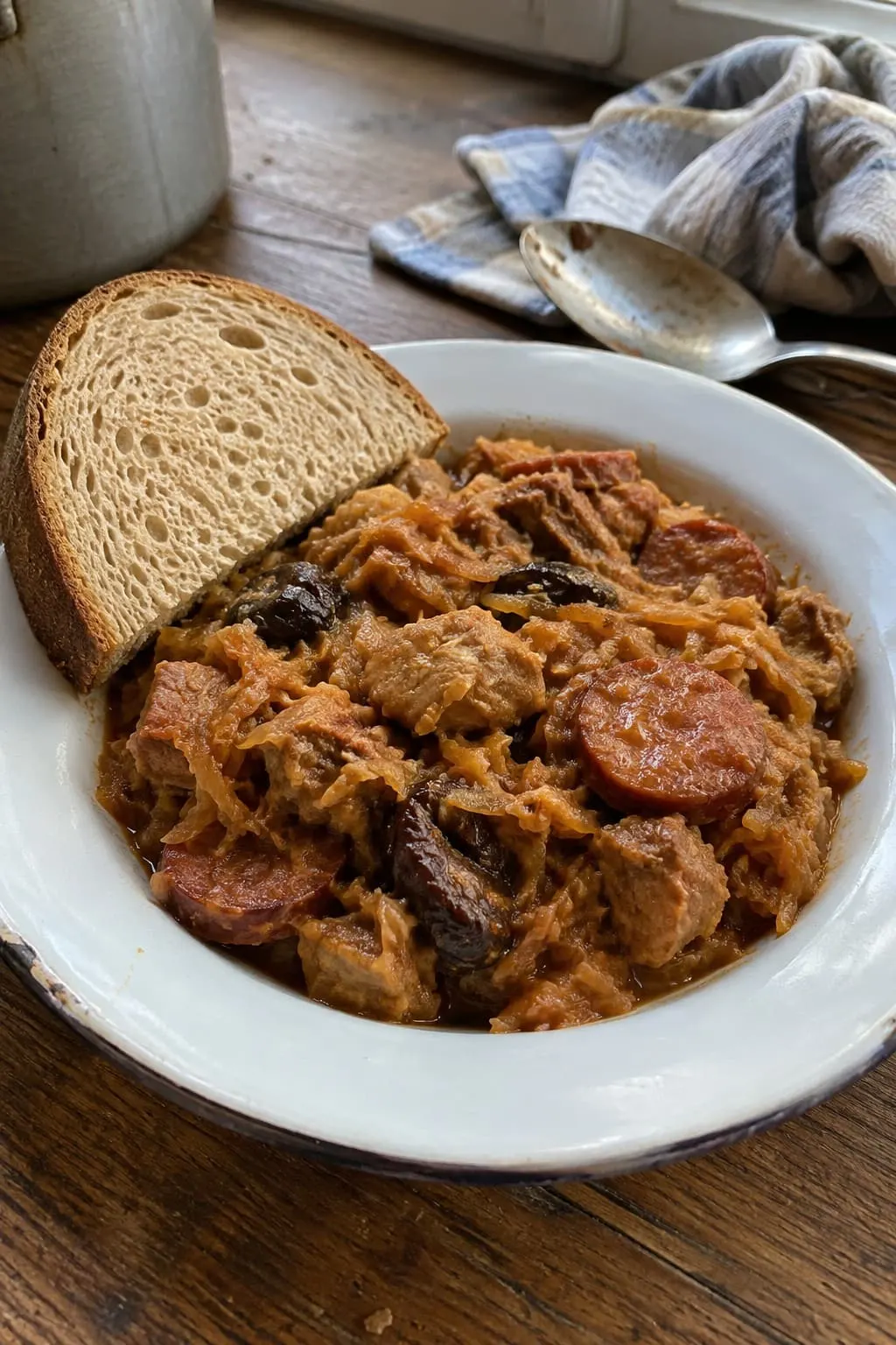 Bigos z mięsem, kiełbasą i chlebem