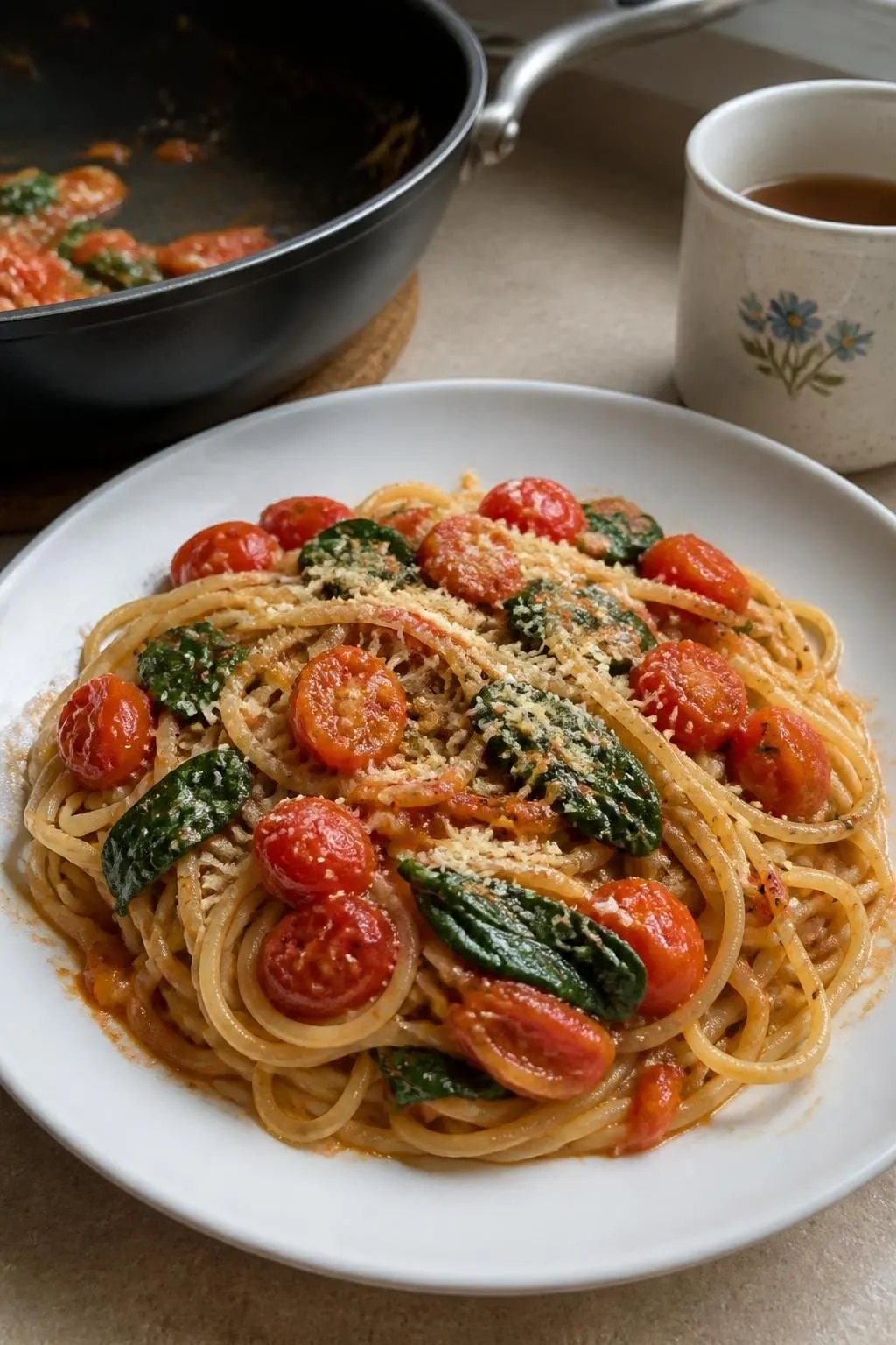 Makaron z pomidorkami, szpinakiem i parmezanem
