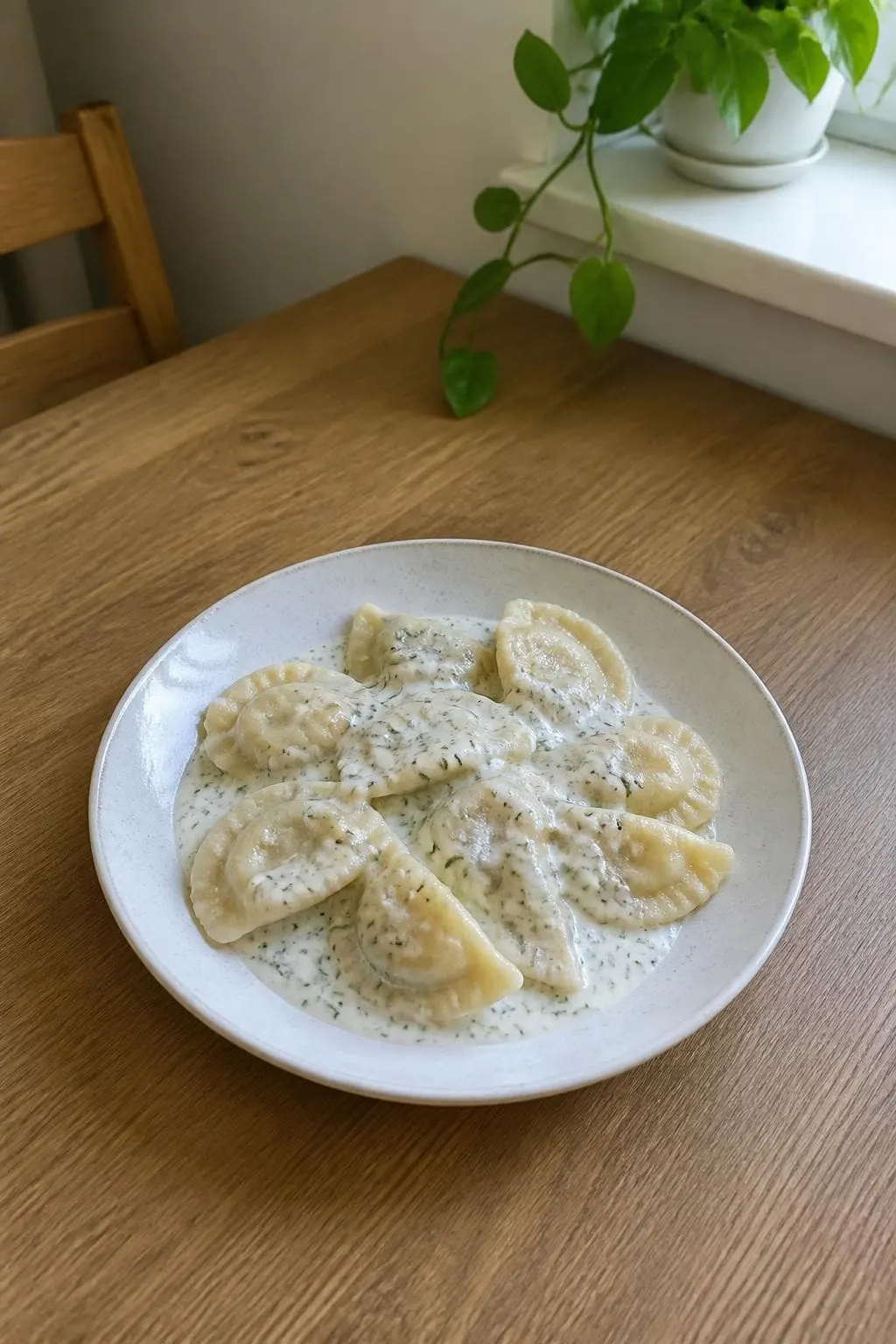 Pierożki z twarogiem i pieczoną cebulą z kremowym sosem koperkowym