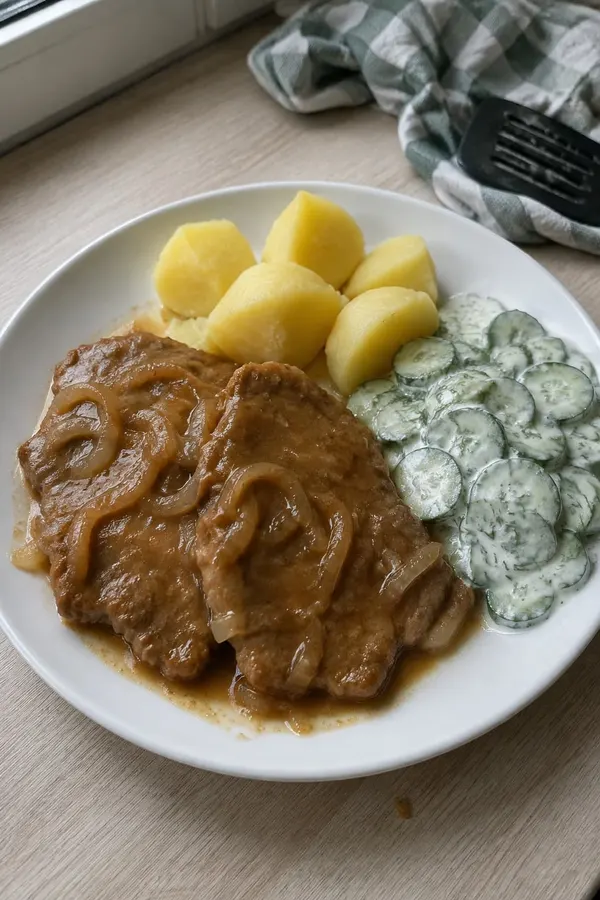 Bitki wołowe w sosie cebulowym z ziemniakami i mizerią