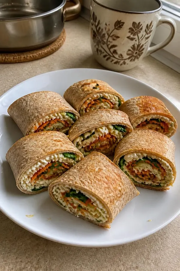 Pieczone roladki tortillowe z twarogiem i warzywami