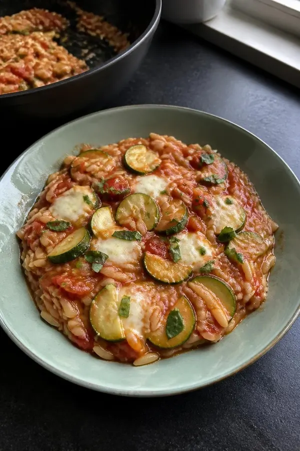 Orzo z cukinią, pomidorami i mozzarellą