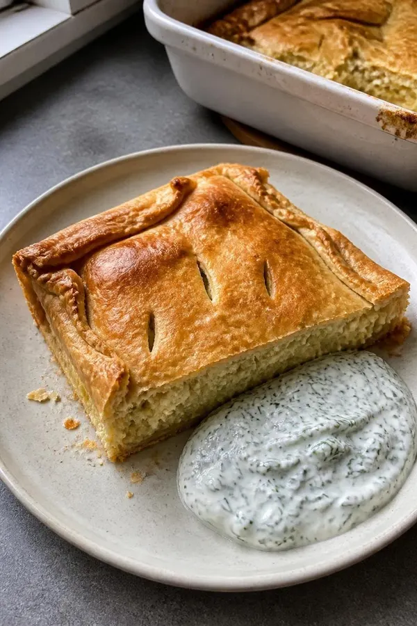 Zapiekane pierogi ruskie z kremowym sosem koperkowym