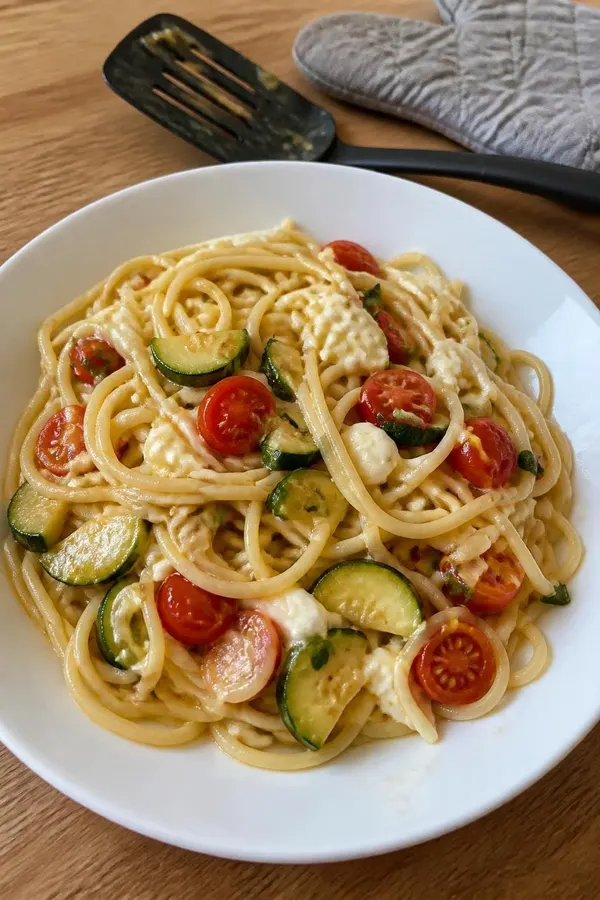 Spaghetti z cukinią, pomidorkami i mozzarellą