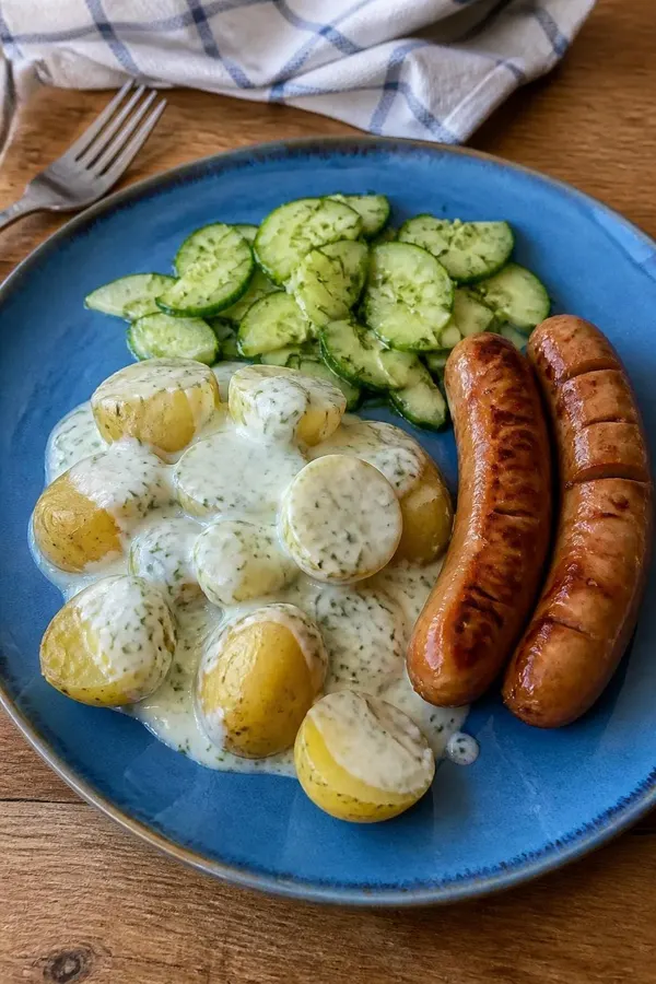 Młode ziemniaki z koperkowym jogurtem i pieczonymi kiełbaskami